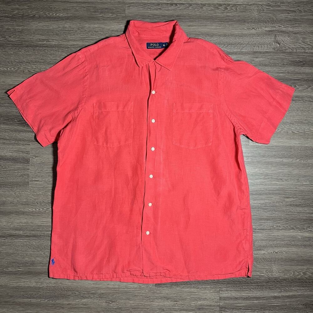 Polo Ralph Lauren Linen Silk Camp Shirt Men's XL Coral Red Short Sleeve EUC